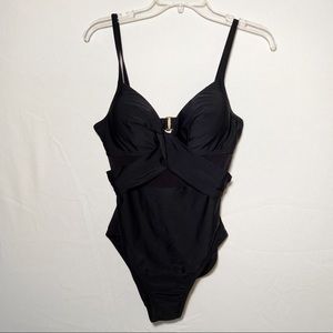 Island Waves Womens One Piece Solid Black Swimsuit Push Up Beach Coastal‎ Size S